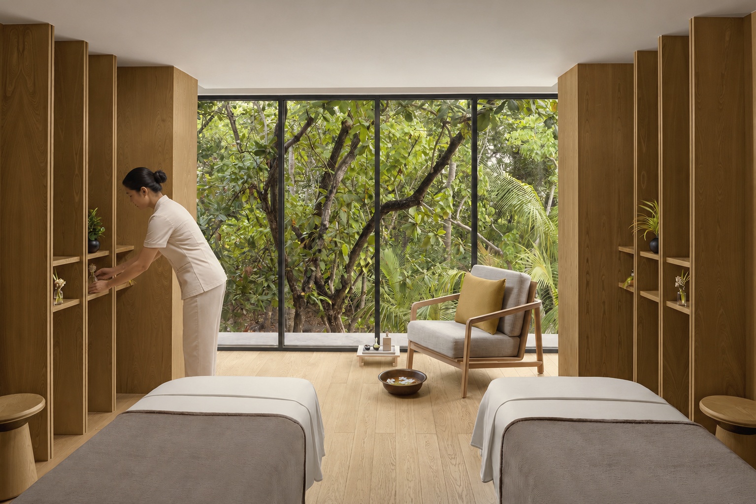 The spa treatment room. Alila's wellness programme is built around the same restraint as the design: natural materials, calm light, no unnecessary complexity.