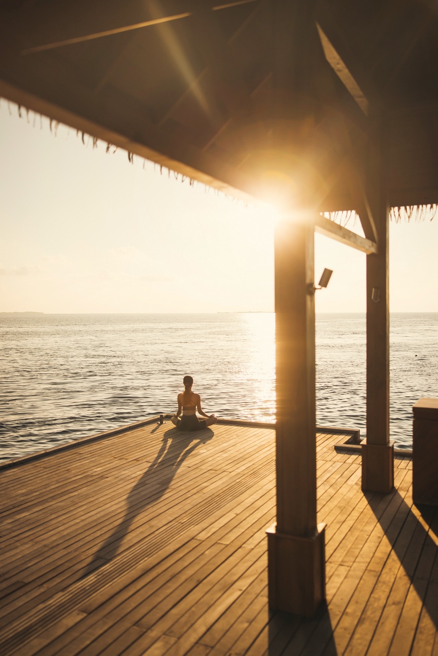 The wellness pavilion. Treatment rooms open toward the lagoon, the programme running from early morning.