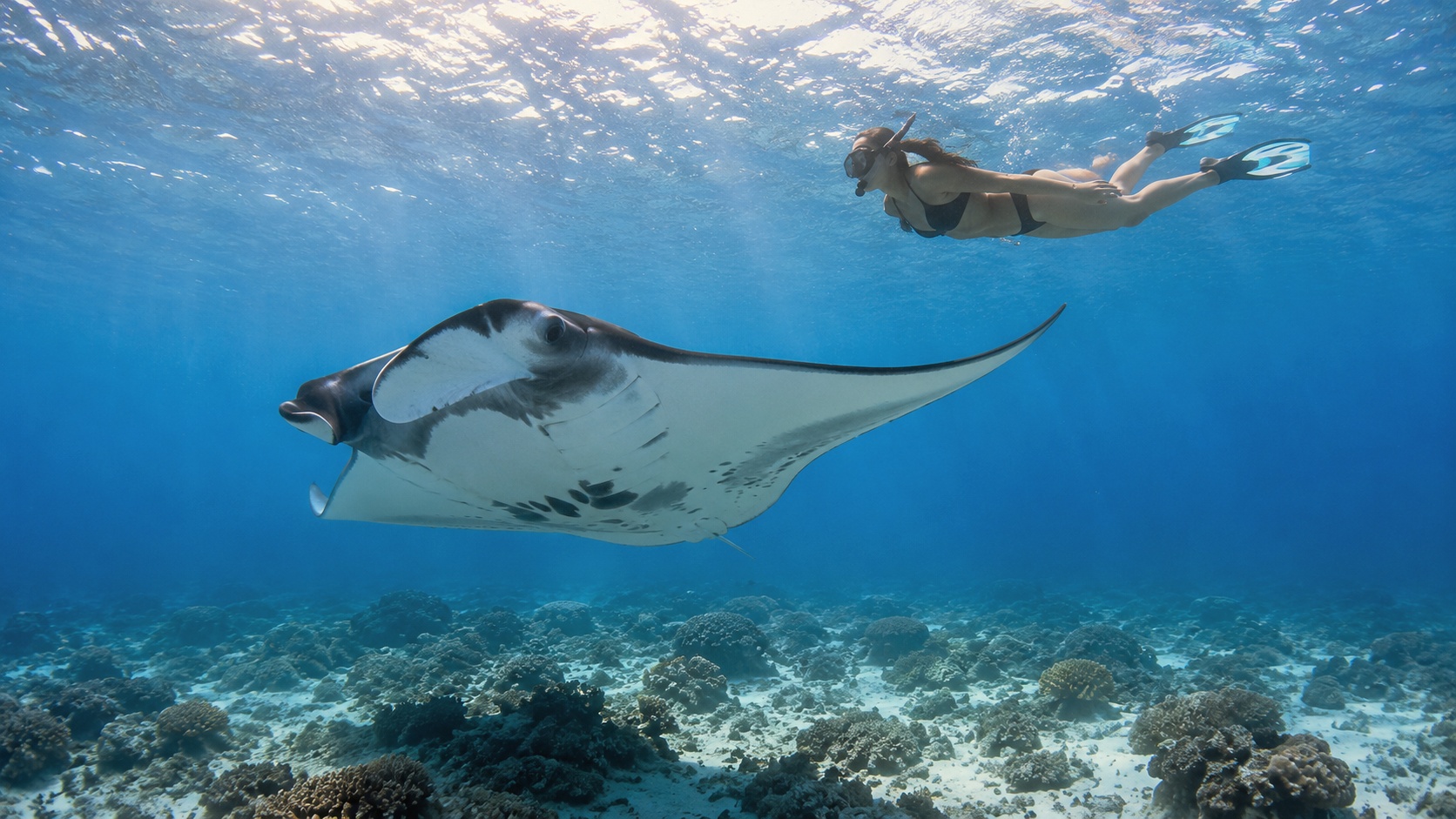 A manta ray in the channel. Baa Atoll is a UNESCO Biosphere Reserve and the manta aggregation is the single strongest reason guests choose this atoll.