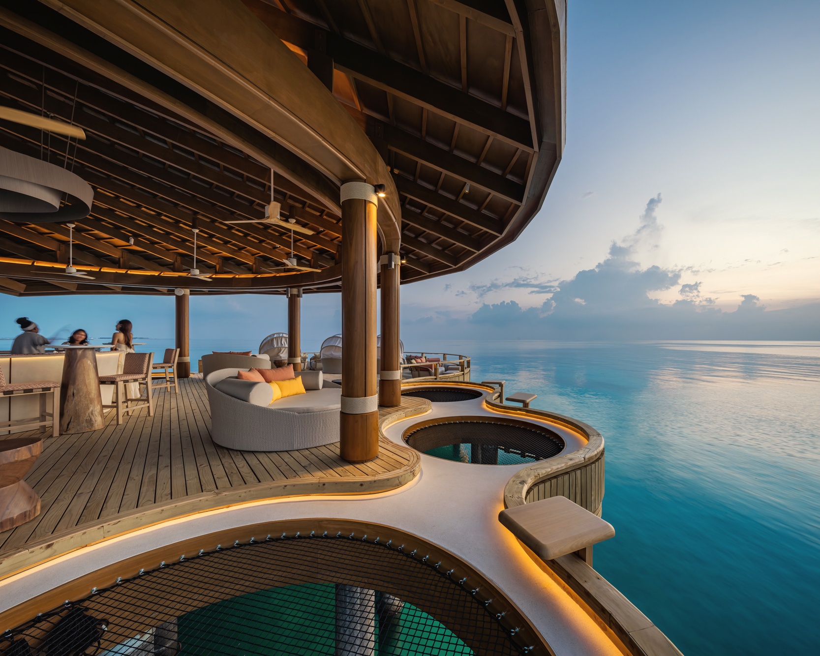 The main dining venue at Centara Grand Lagoon. An open-sided restaurant above the water, with views across the lagoon to the neighbouring island.