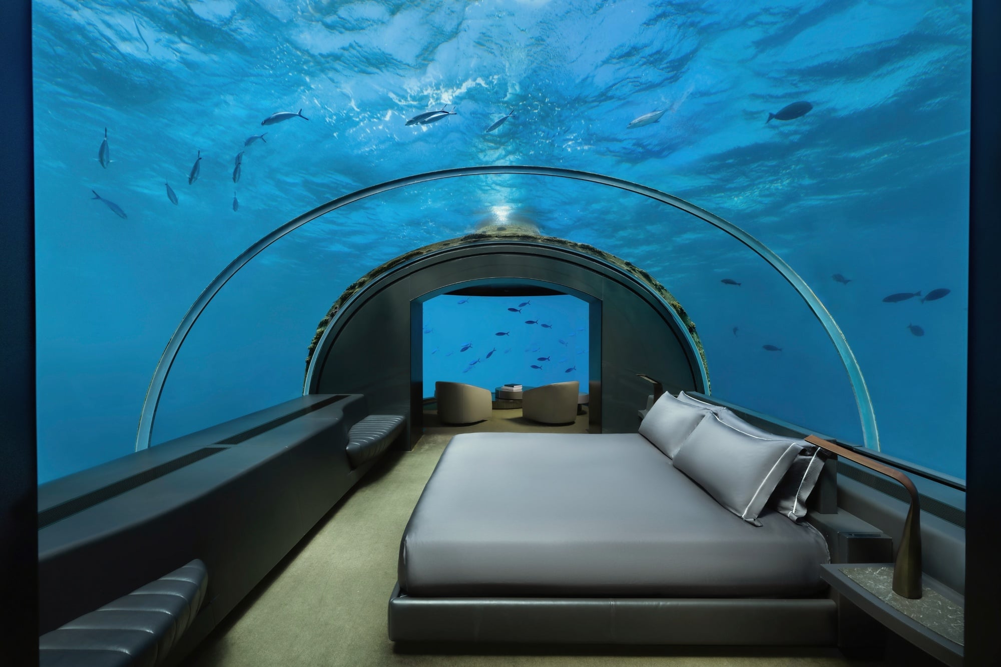 The Muraka. The world's first undersea bedroom suite, sleeping quarters set five metres below the lagoon surface.