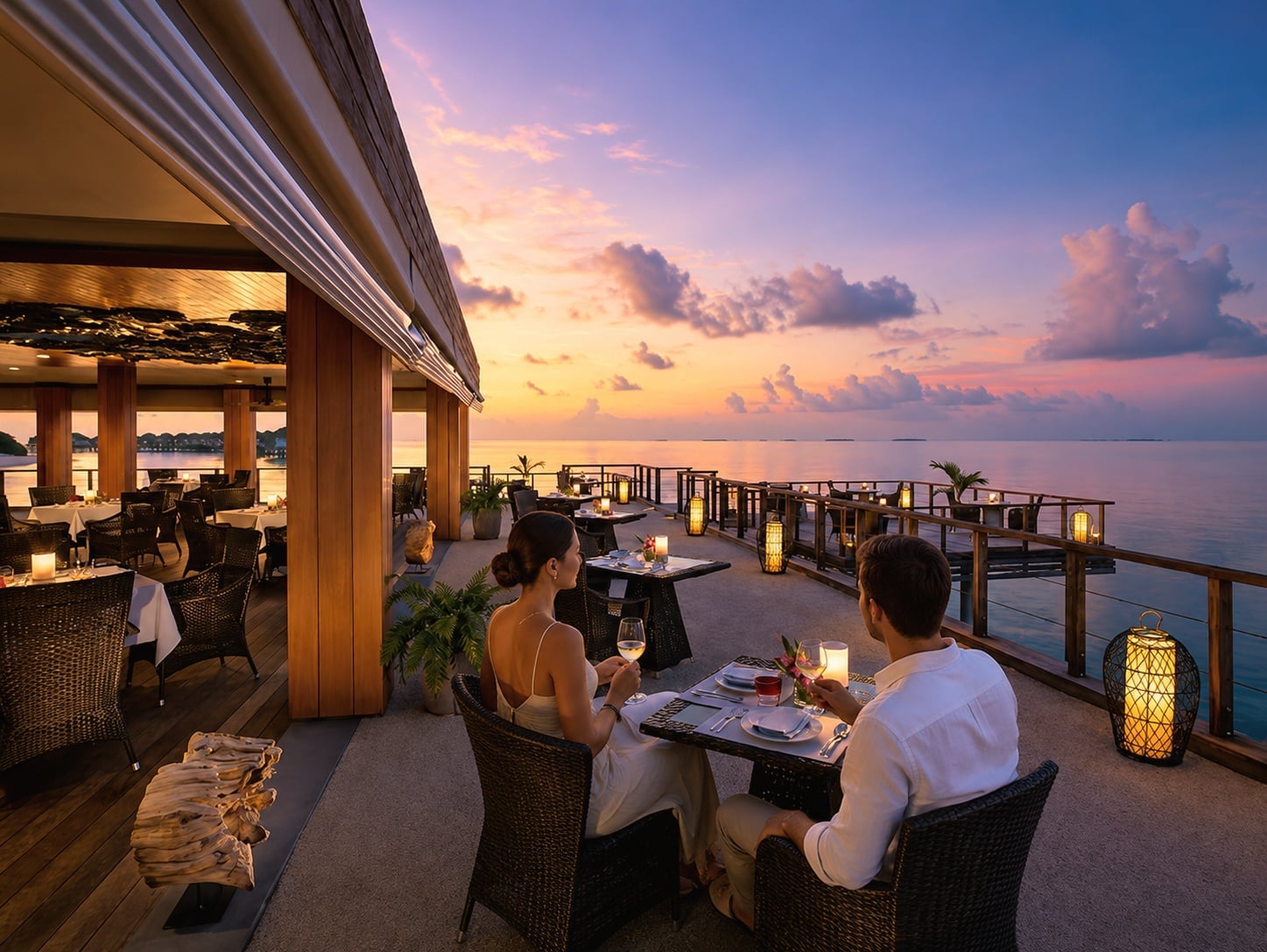 The main dining terrace at dusk. Thai and Maldivian menus are served across multiple venues, with the open-air setting facing the lagoon.