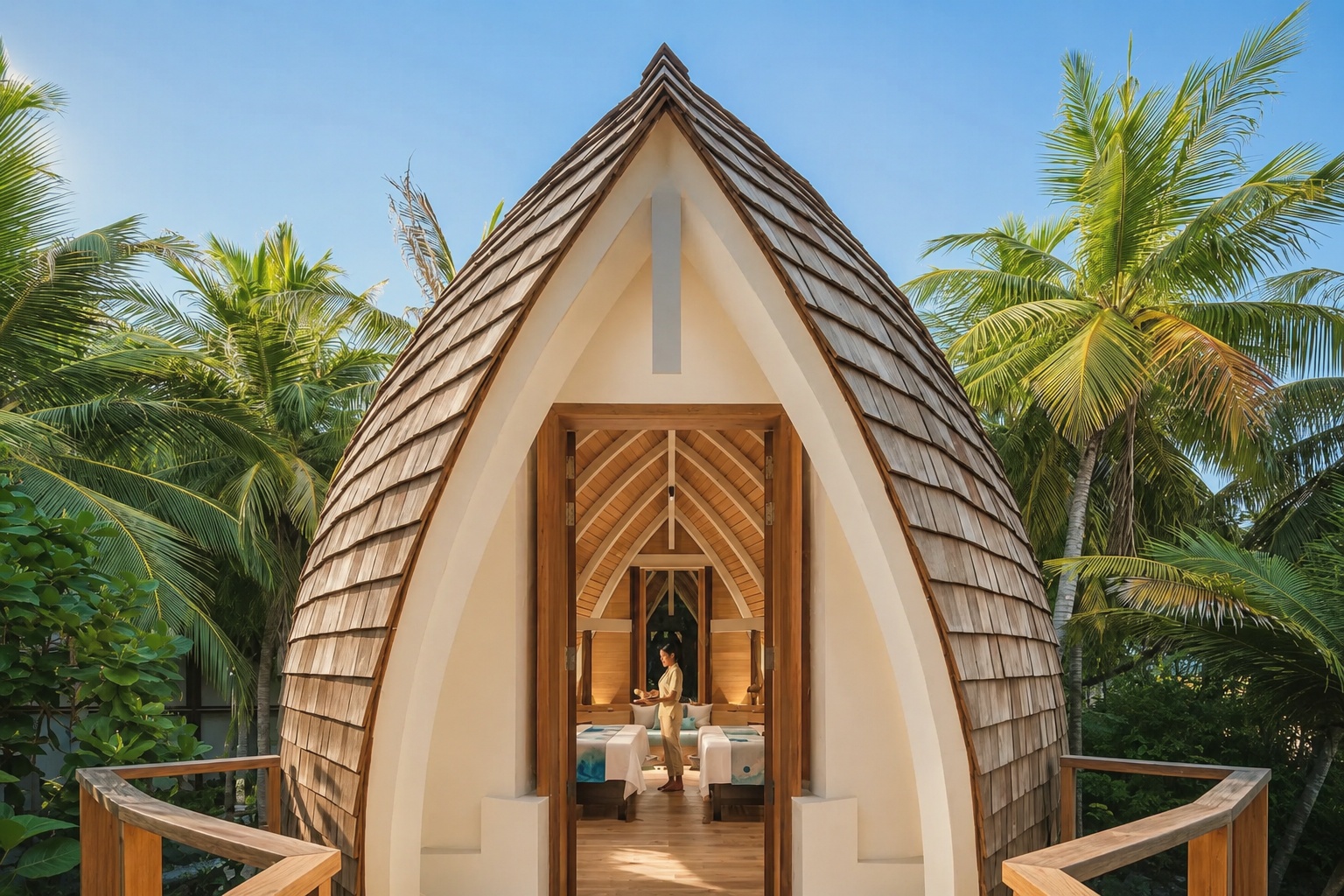The spa pavilion. Treatment rooms sit over the water, with the atoll visible through the floor panels.