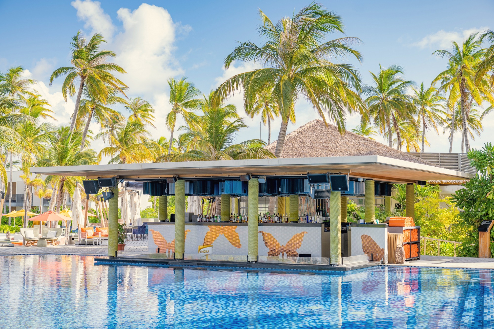 The pool and beach club area. The Hard Rock entertainment identity is most visible here, with a programme that runs through the day.