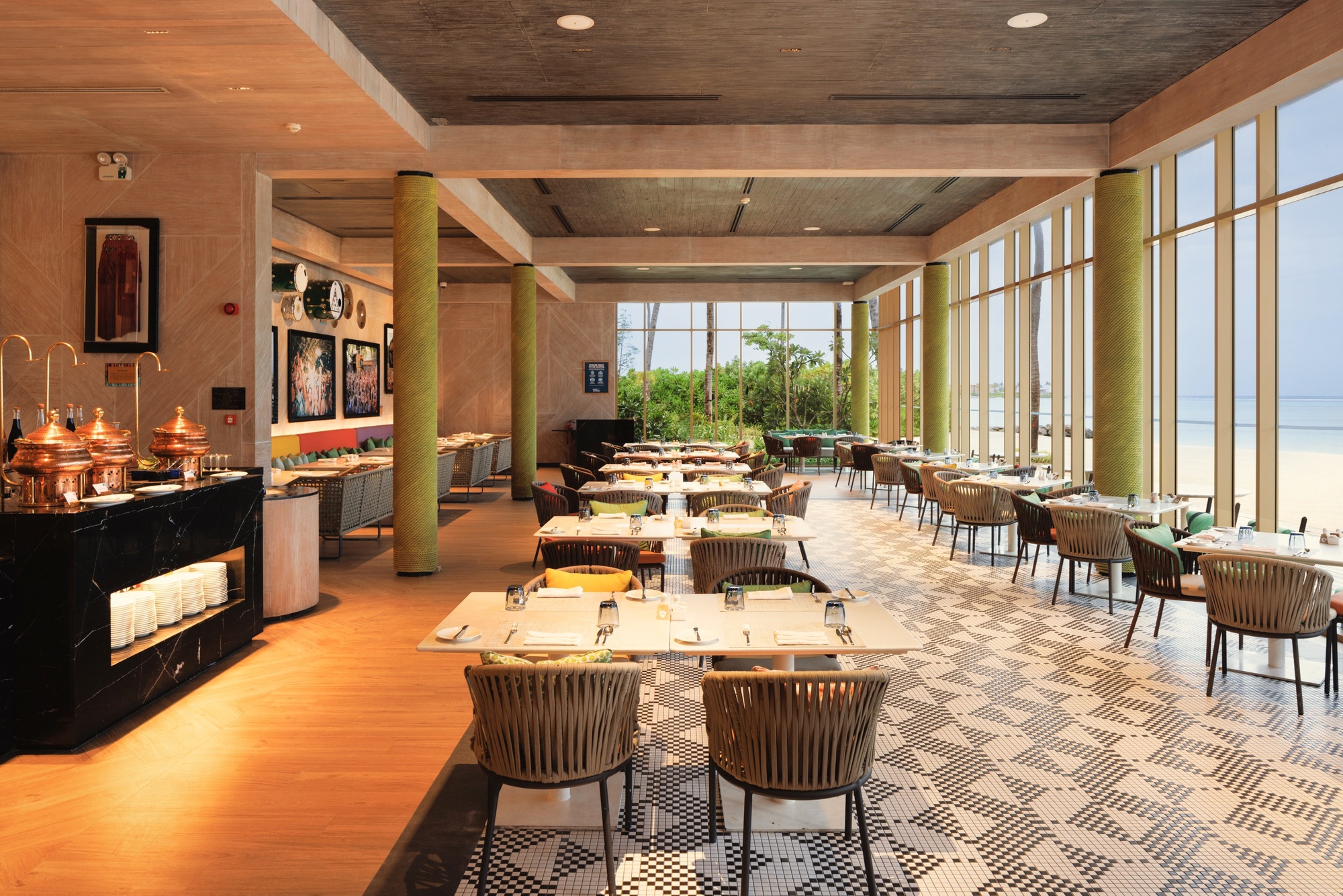 The main dining area at the resort. The Crossroads complex gives guests access to a wider dining range than a standalone island typically provides.