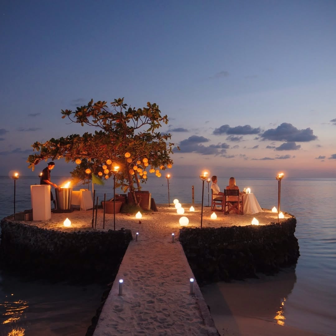 Dining at the water's edge. The restaurant sits at lagoon level, open to the evening light.