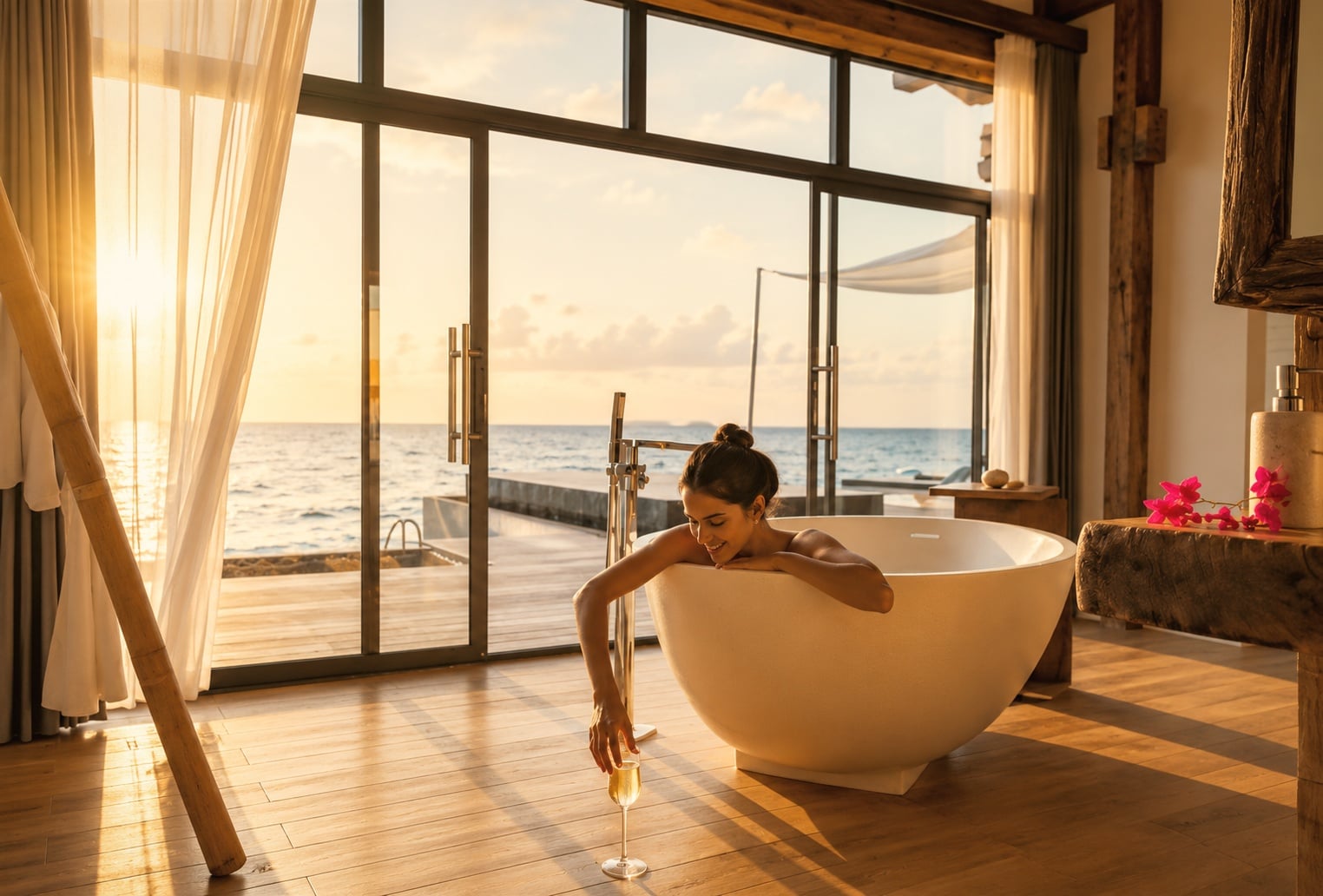 An overwater pool villa from the deck. The lagoon below is clear enough to read the coral directly from the villa.