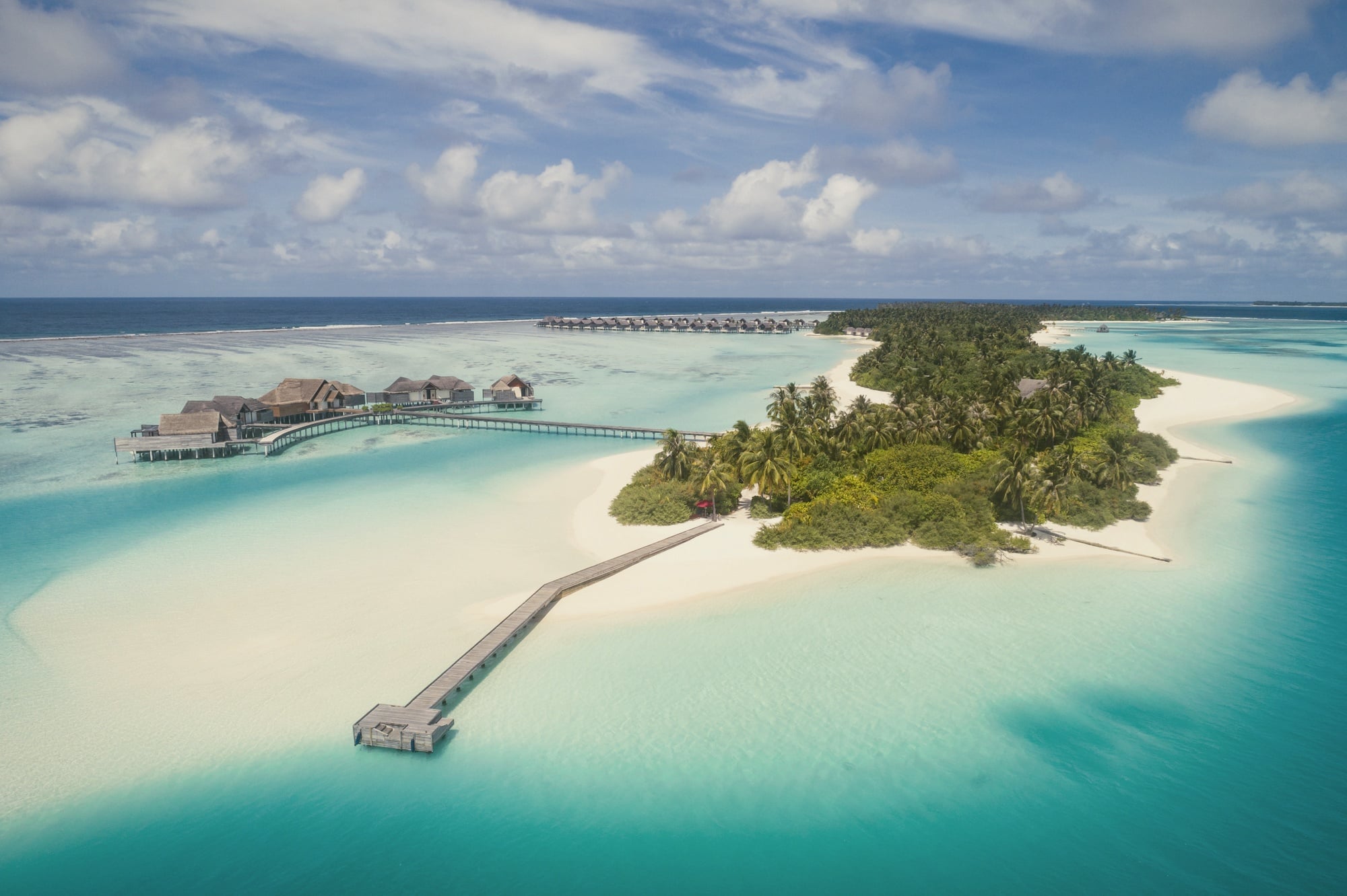 Chill and Play islands from above. The dual-island layout that gives Niyama its programme split between calm and active stays.