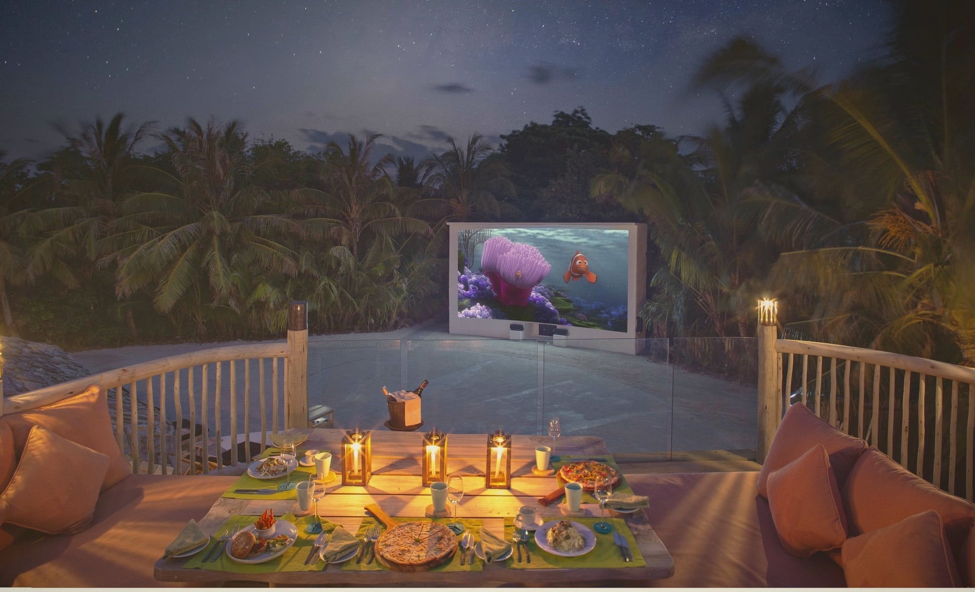 Cinema Paradiso. The open-air cinema with seating set among the trees, screening films across the stay schedule.