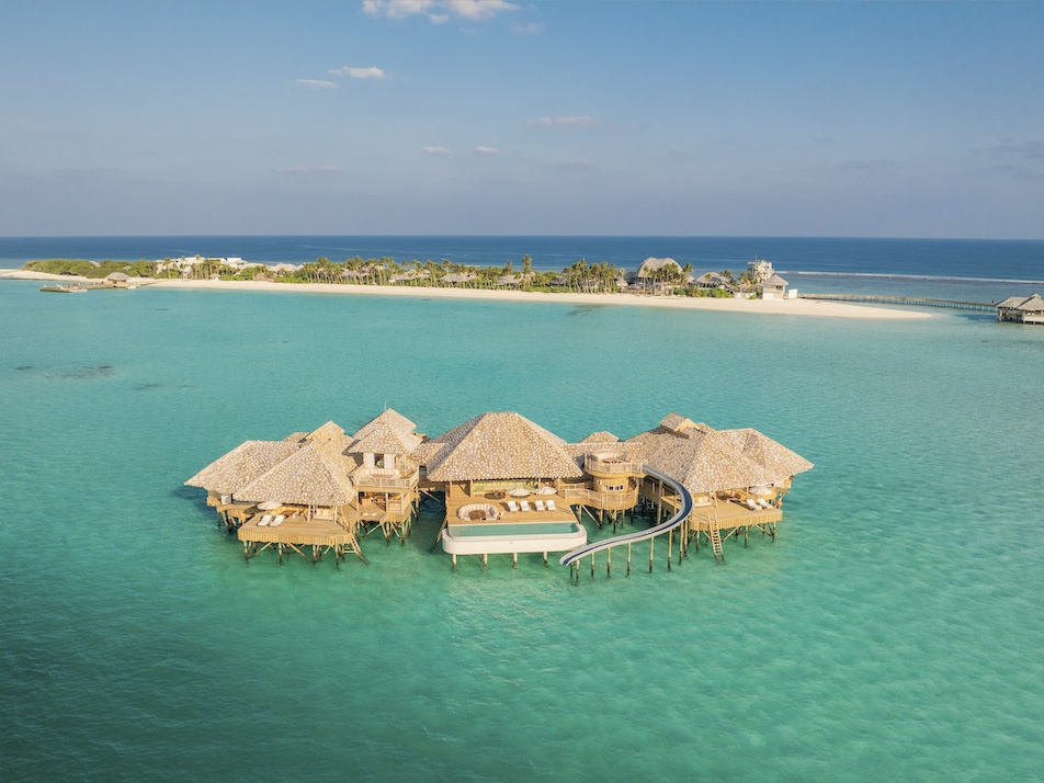 Dhipparufushi from above. Soneva Secret occupies its own island in Haa Dhaalu Atoll, with no neighbouring resort visible from any point on the property.