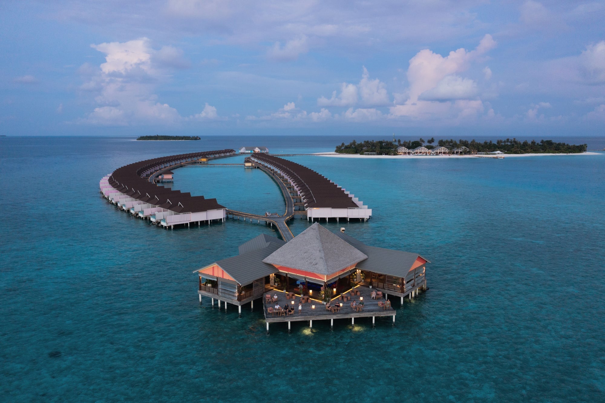 Huruvalhi from above. The Standard's design-led Maldives property, 115 villas across the Raa Atoll island.