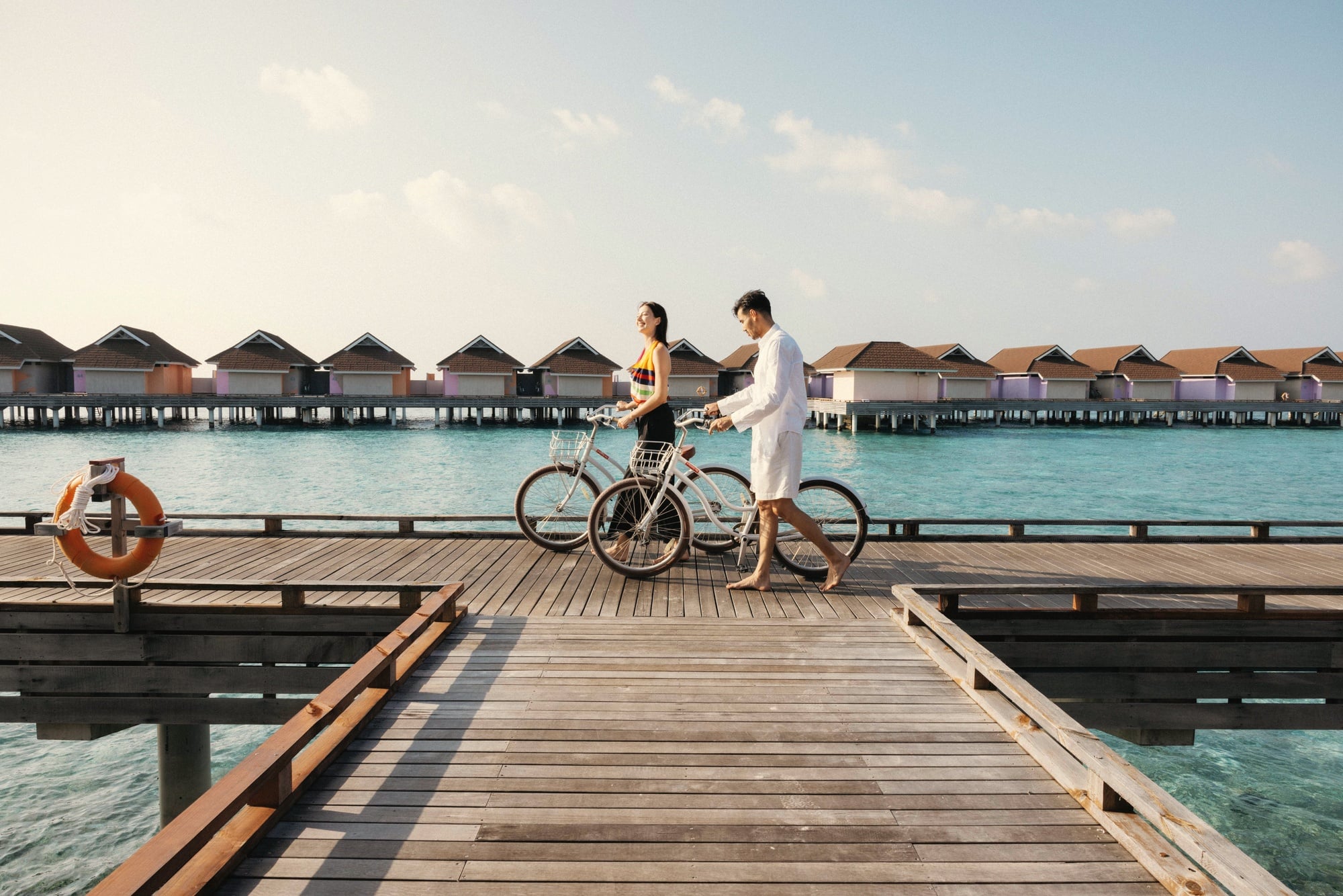 Sunset jetty. Huruvalhi's western-facing evening gathering point, photographed against the Raa Atoll's reduced light pollution.