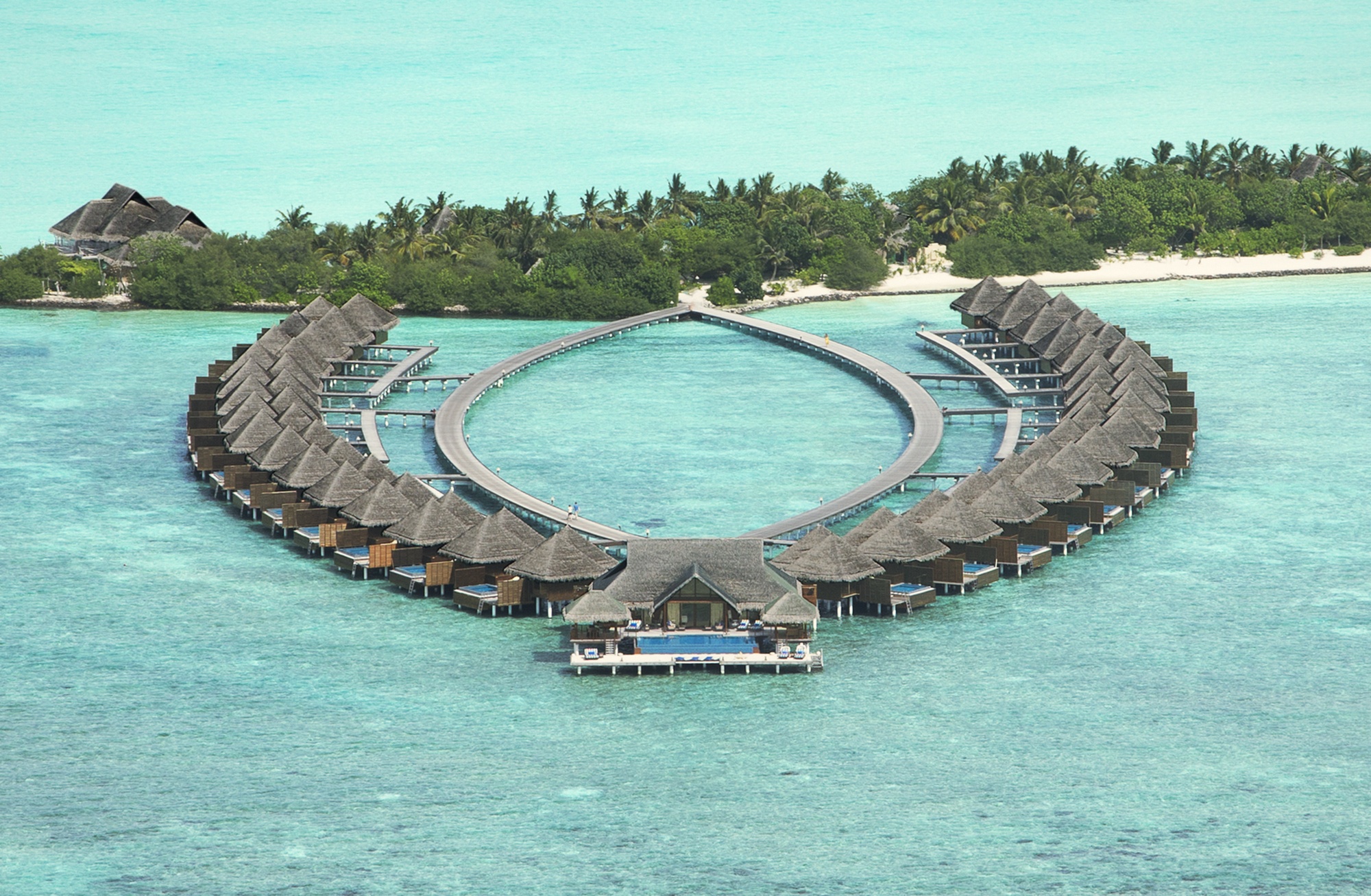 Emboodhu Finolhu Island from above. The resort occupies its own island in South Malé Atoll, the closest five-star overwater property to Velana International Airport.