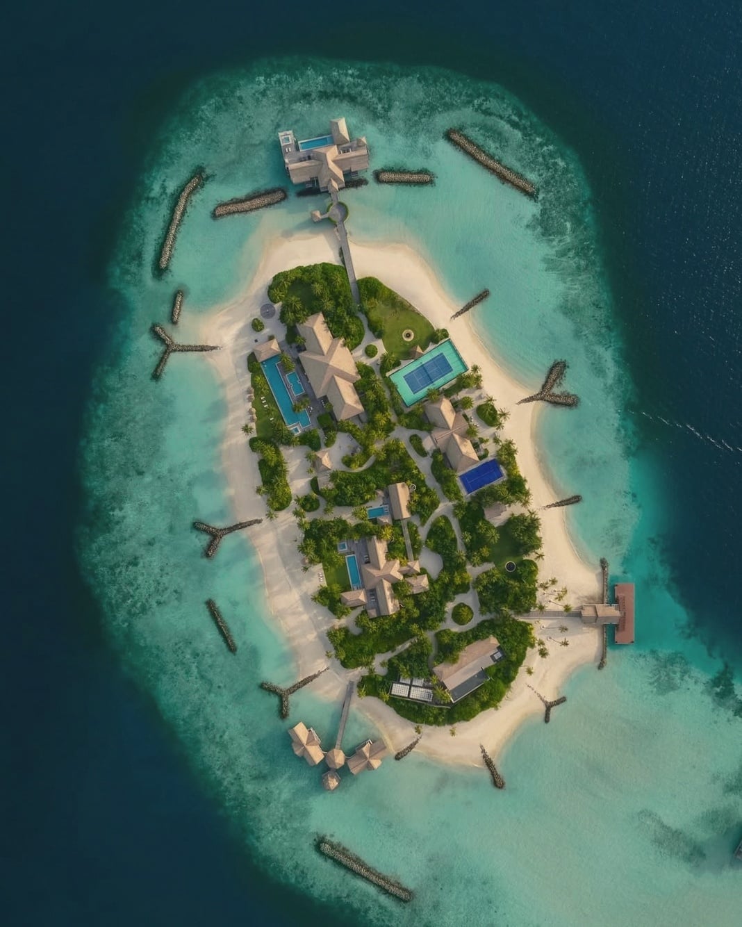 The Ithaafushi three-island estate from above. The main resort island, Stella Maris cluster, and the standalone private island residence.