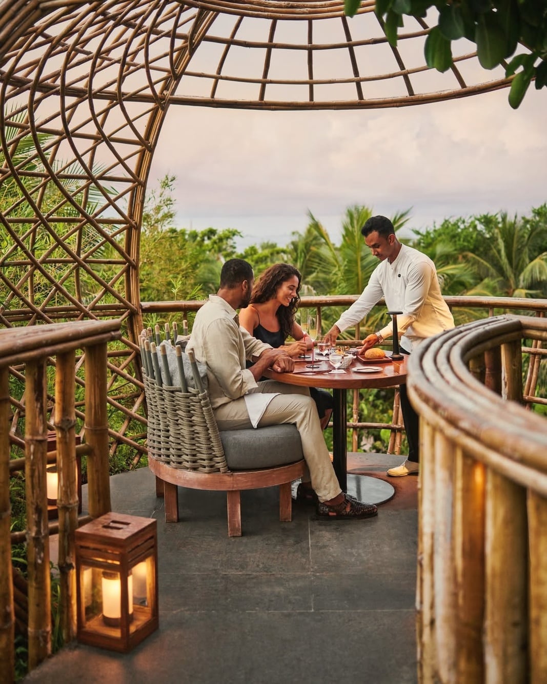 Terra. The treetop-level restaurant set among the canopy of the main island, accessed via a bridge from the public spaces.