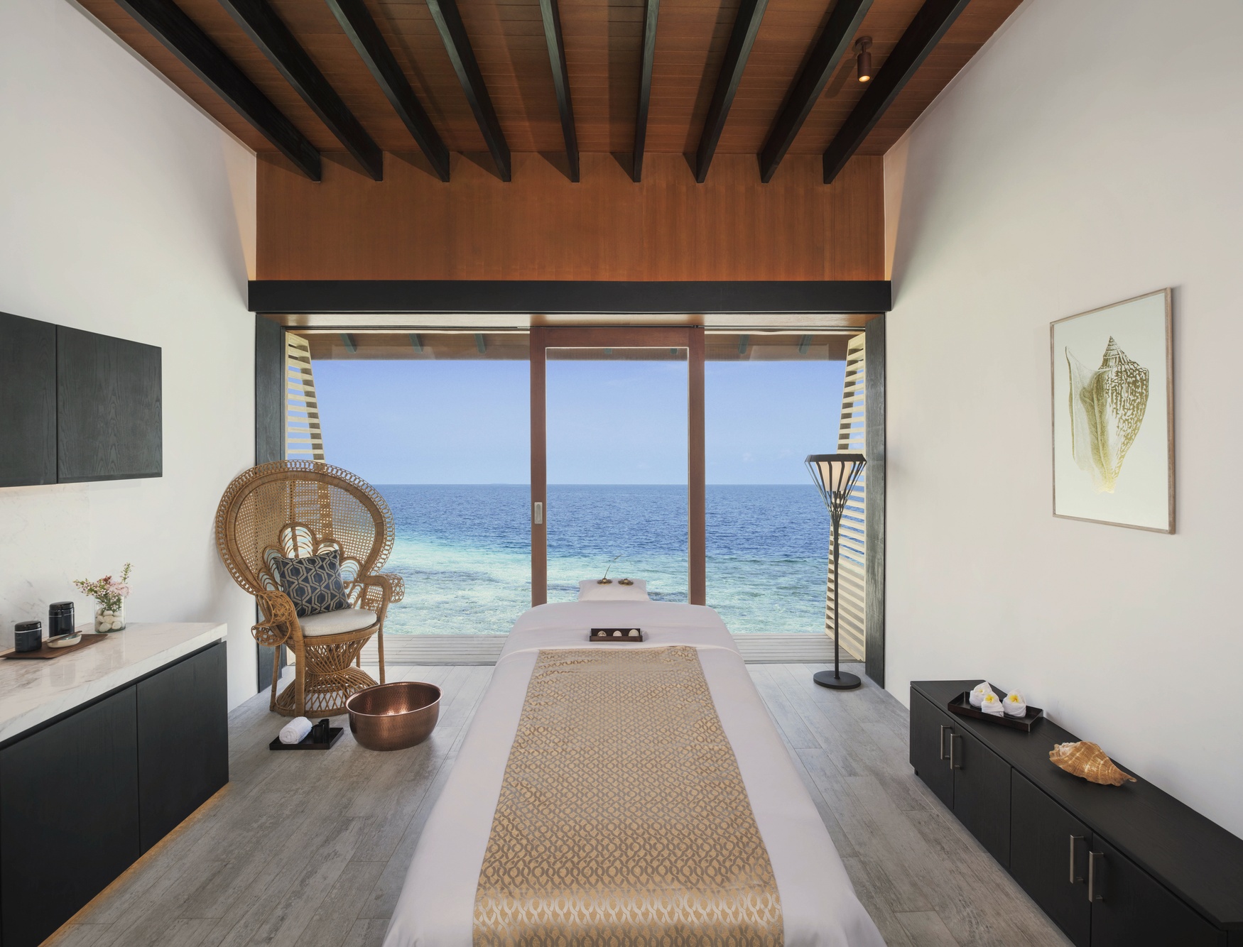 The Heavenly Spa treatment room. The Westin wellness programme is operational here in full, with the Baa Atoll setting as the backdrop.